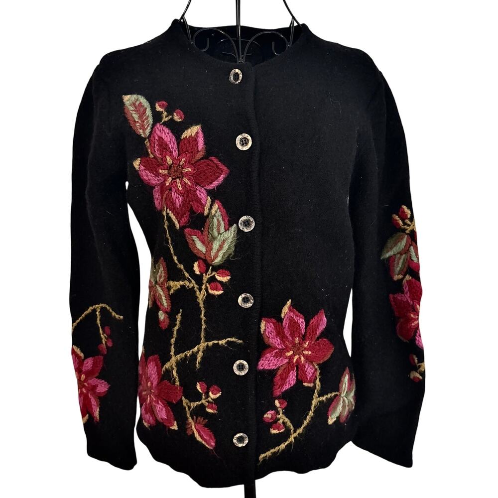 Embroidered Boho Floral 100% Boiled Wool Knit Cardigan Sweater Jacket Rustic